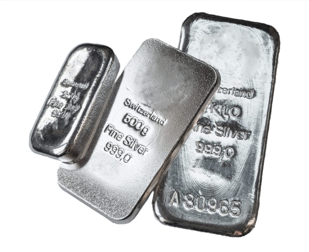 Three silver bars of 250, 500 and 1000 grams